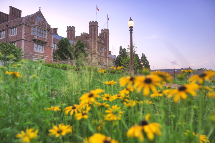 Brookings Hall, foreground of flowers